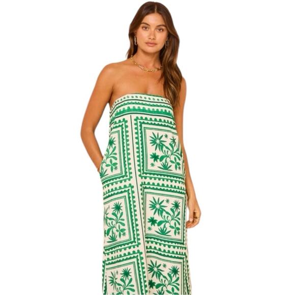 Anthropologie x Mon Renn Green and White Tropical Linen Blend Maxi Dress - Picture 2 of 11